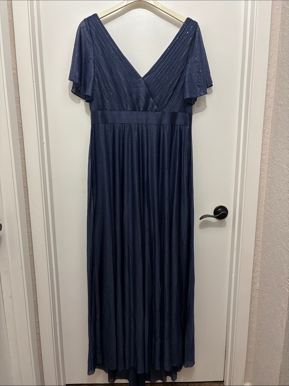 NWT Ever Pretty Navy Glitter V-Neck Flutter Sleeve Maxi Dress Sz XL